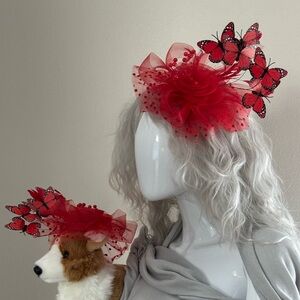 Red Holiday Fascinator Set For Owner and Pet by Crown and Collars.